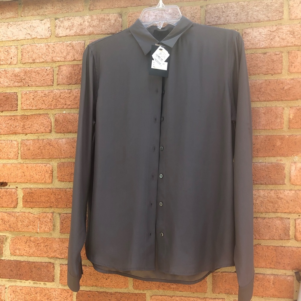 NWT ATM silk long sleeve button up in metal. Med.
